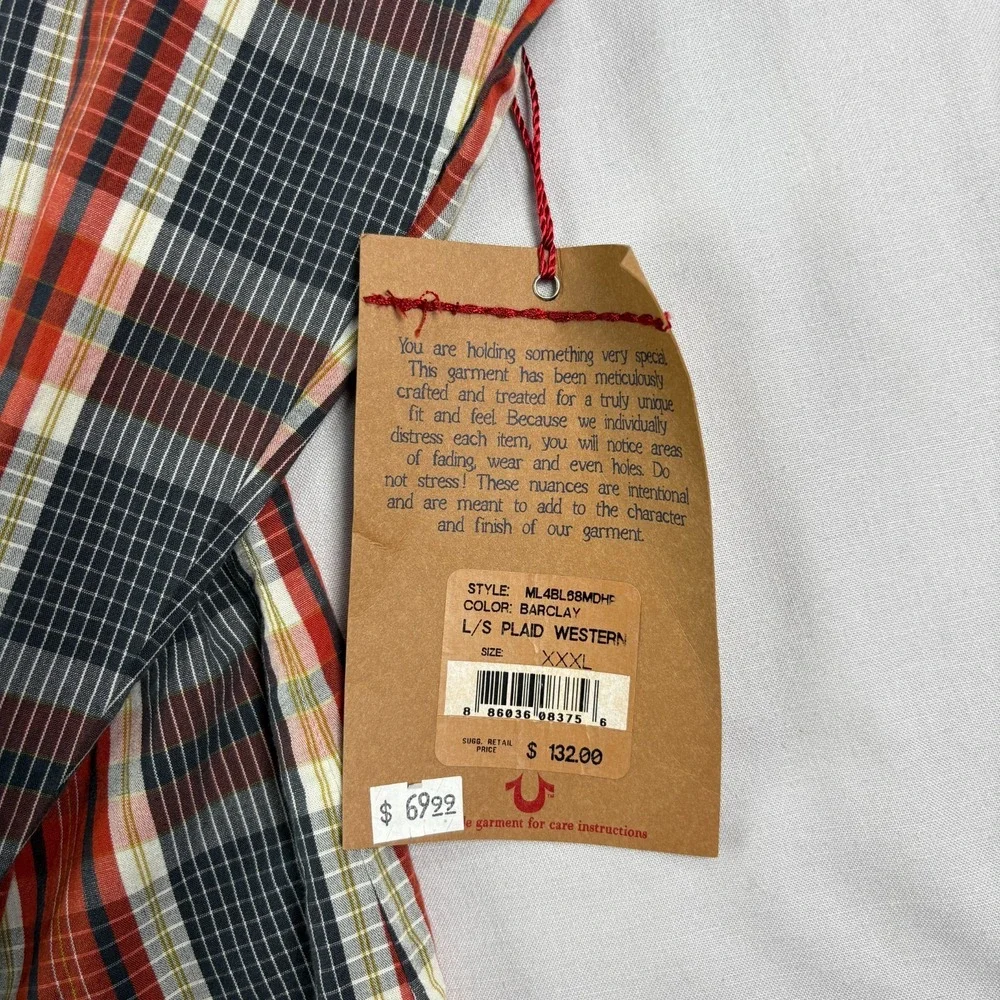 True Religion Western Shirt Mens 3XL Orange Plaid Pearl Snap Up Long Sleeve‎ NEW